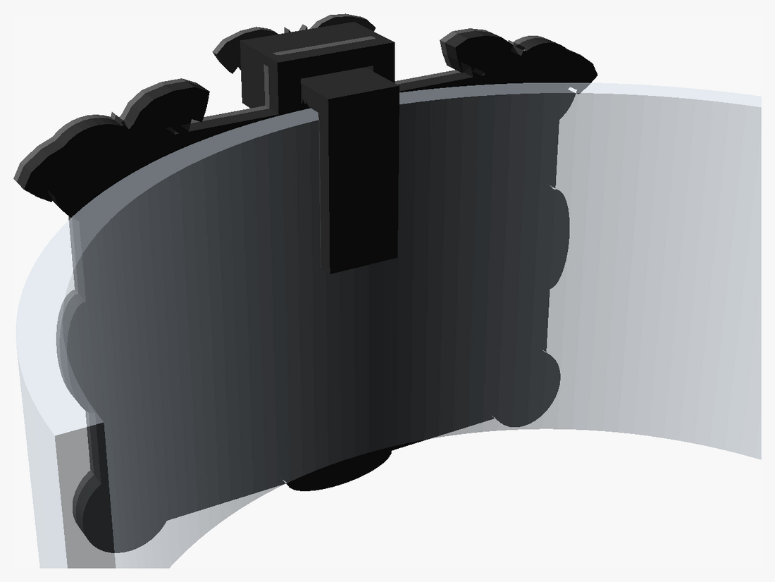 Rear view of the assembled tag on a bowl: the L-clip's leg hangs inside the bowl and its arm enters the keystone socket