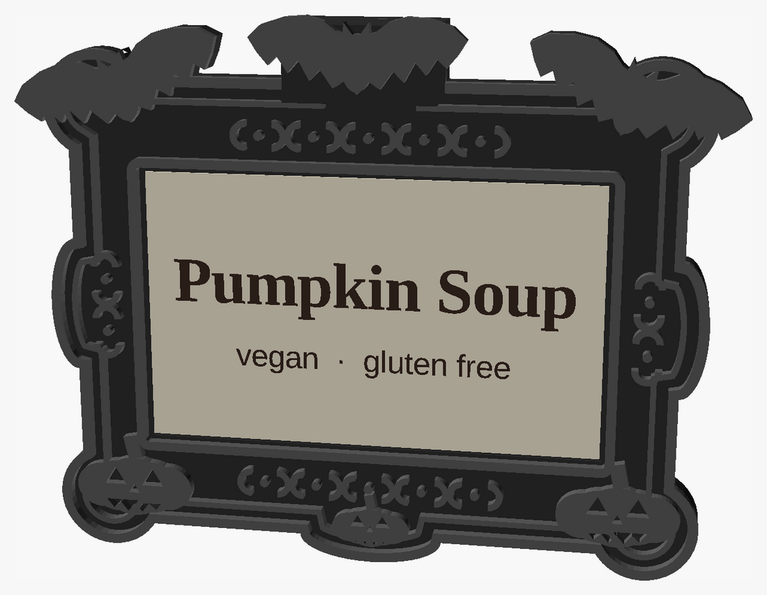 Front view of the frame: scalloped gothic outline, bats at the top corners, a bat crest on the keystone, jack-o'-lanterns at the bottom corners, and a placeholder label reading Pumpkin Soup
