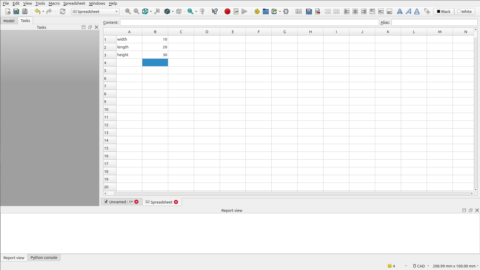 Entering parameters into the spreadsheet
