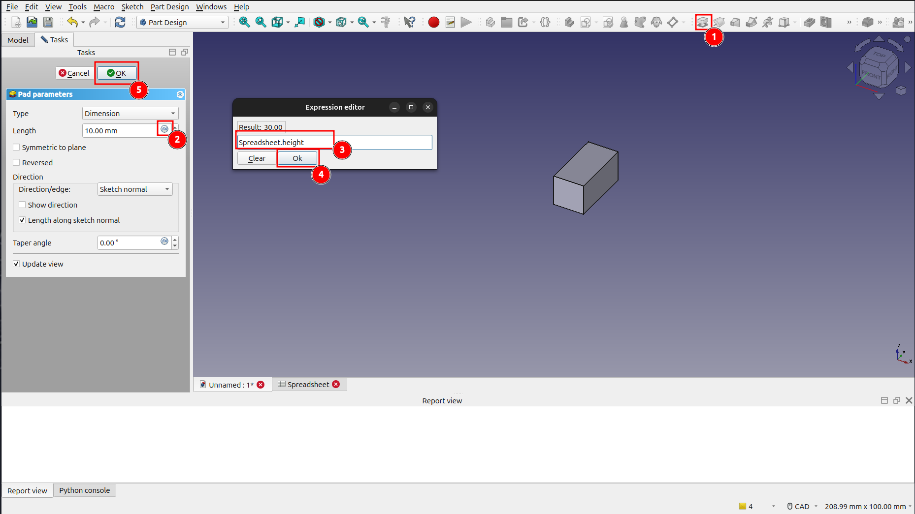 Entering the formula for the height of the pad